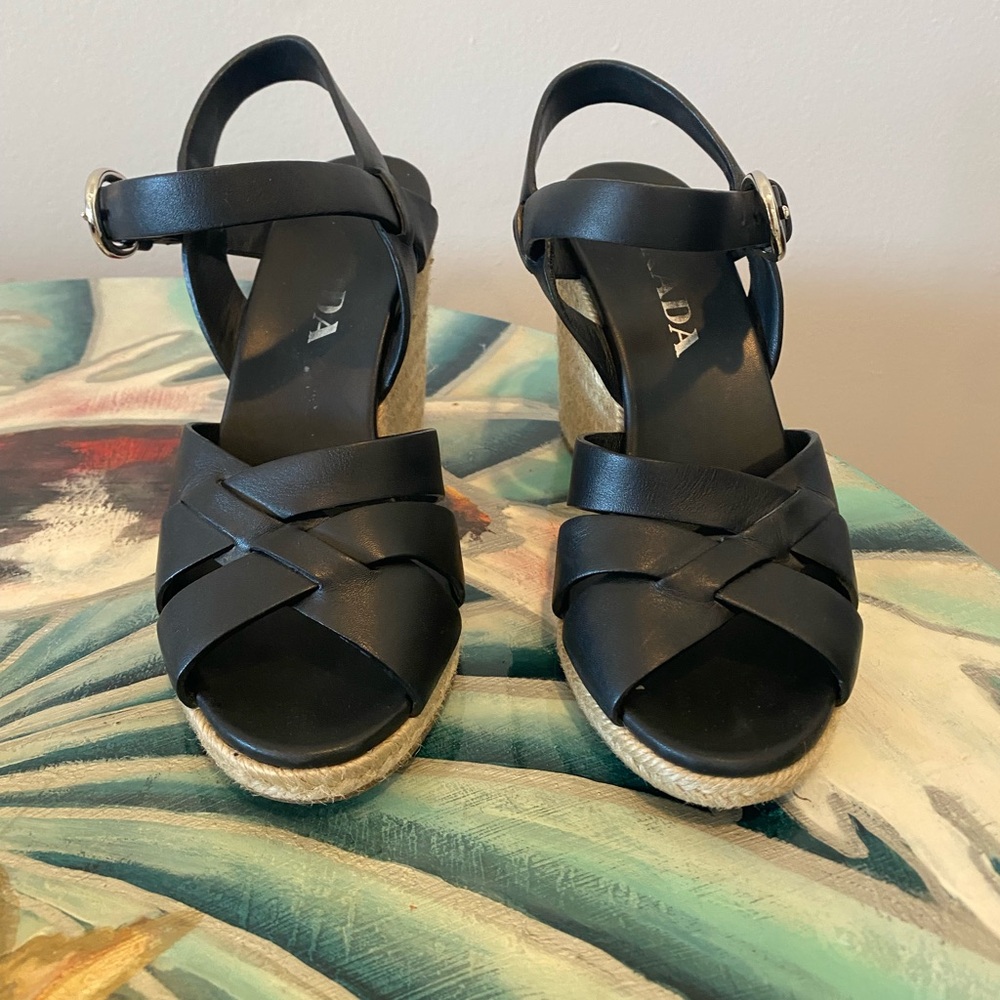 Prada Black Leather Espadrille Wedge Sandals with Ankle Strap